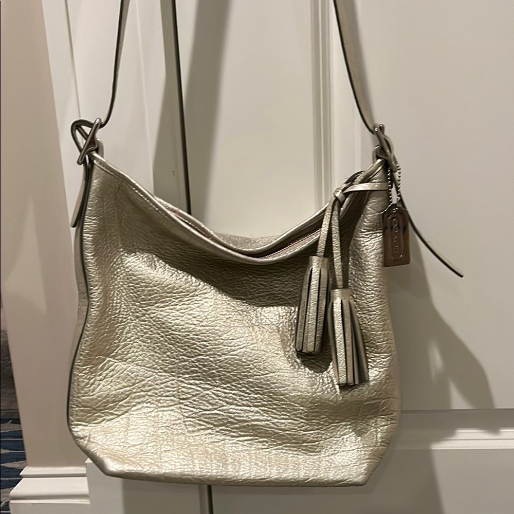 COPY - Elegant Coach Platinum Silver Pebbled Leather Metallic Shoulder Bag #198…